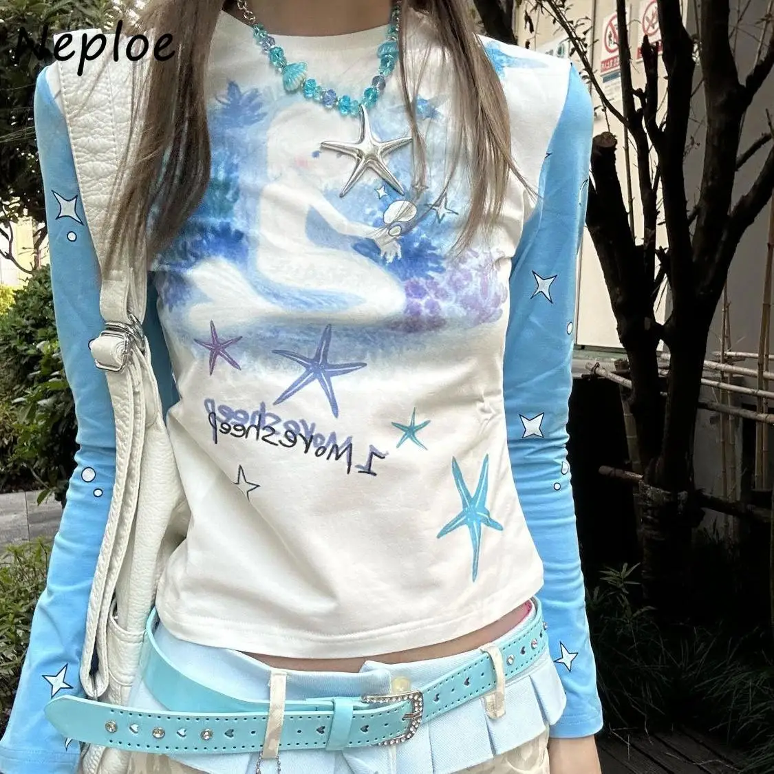 

Neploe Vintage Slim Panelled Kores Chic Streetwear Women Clothing Patchwork Goth E-Girls T-shirts All-match Loose Minority Crop