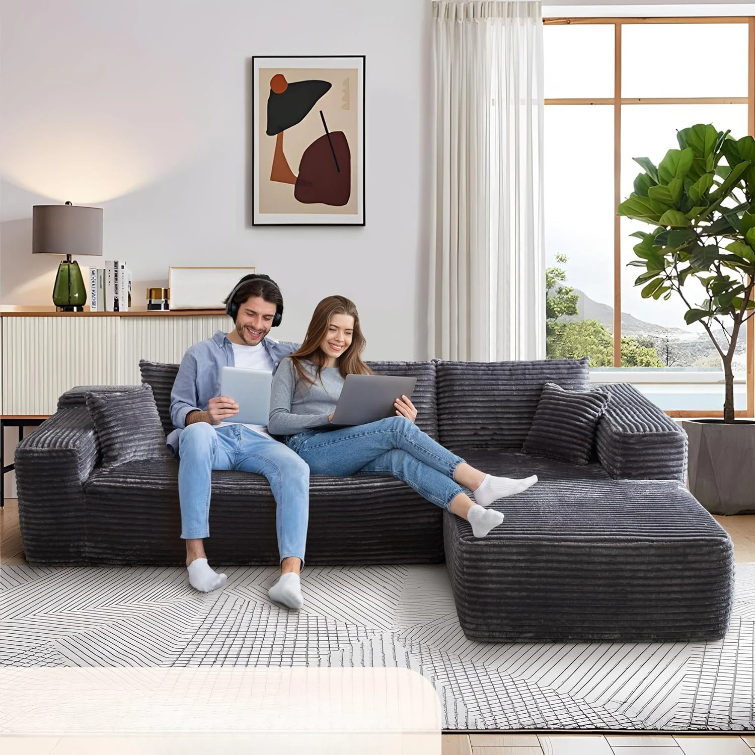 

Modular Sectional Sofa Couch, Plush Corduroy, Free Combination Deep Seat Corner Couchs, L-Shape Upholstered Cloud Couch