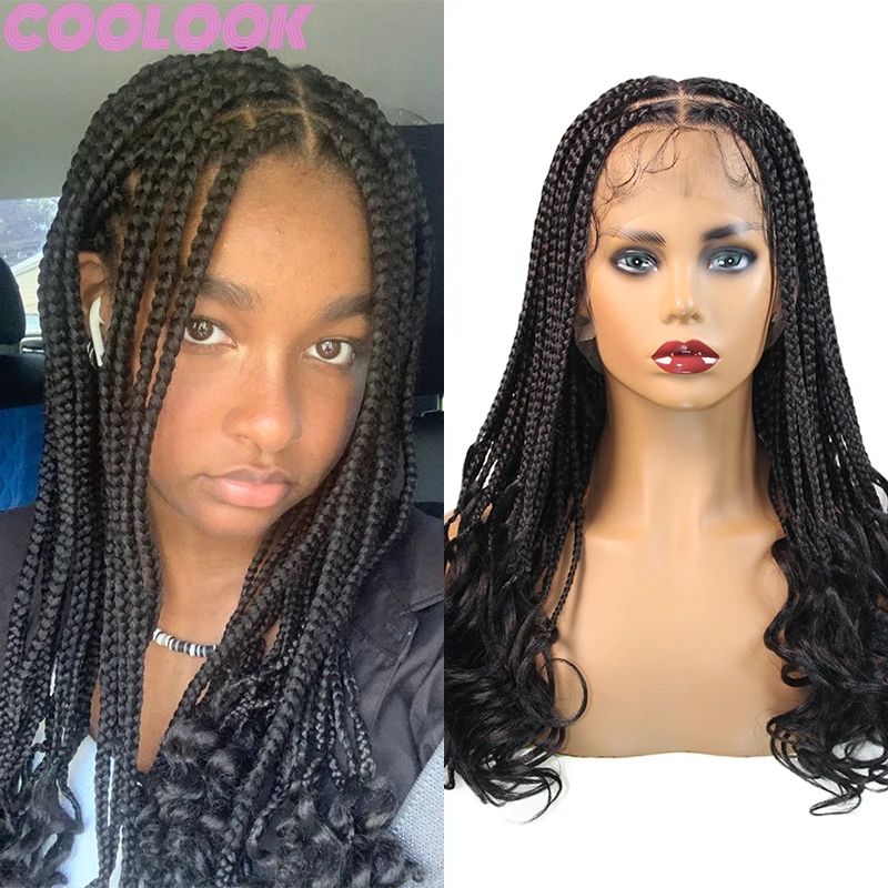 18'' Synthetic Box Braided Wigs for Black Women Knotless Full Lace Front Braid Wigs with Curly Ends Goddess Faux Locs Braids wig