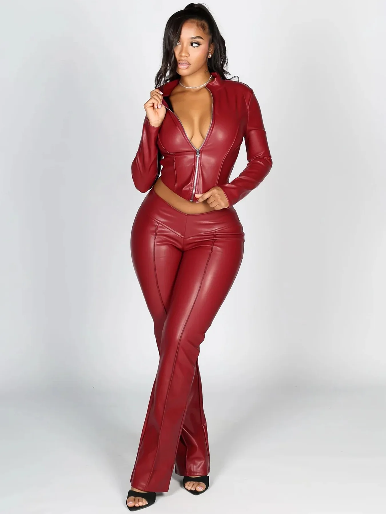 

Faux Leather Pu Two 2 Piece Set for Women Fall Winter Fitness Outfits Long Sleeve Zipper Jacket and Pants Set Female Streetwear