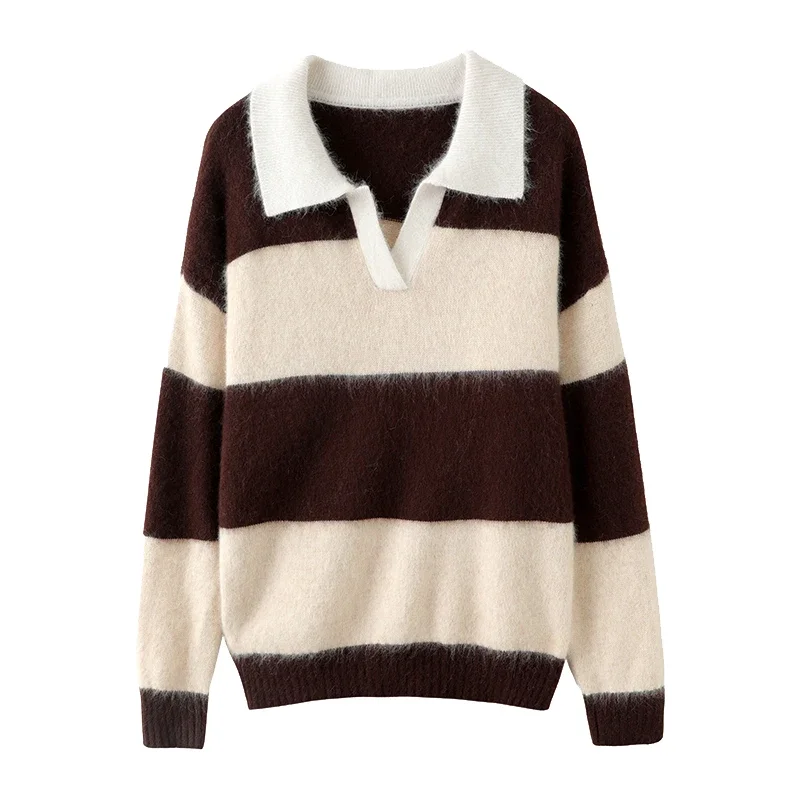 WinvyNee Women Mink Cashmere Sweater Polo Collar Casual Outerwears Loose Striped Knitted Pullover Tops Oversized Winter A1248016