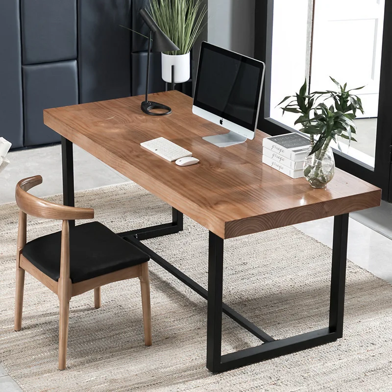 

Wrought iron solid wood computer desk company staff single desk modern simple bedroom study chair combination