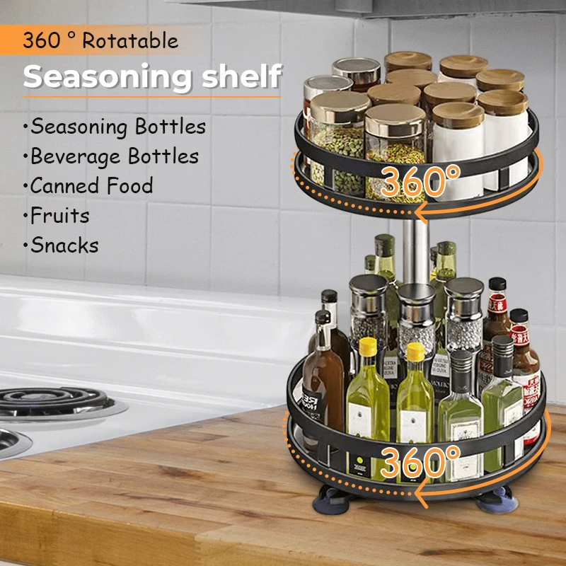 360°Rotation Spice Rack Organizer Jar Cans For Kitchen Accessories Non-Skid Carbon Steel Storage Tray For Seasonings And Spices