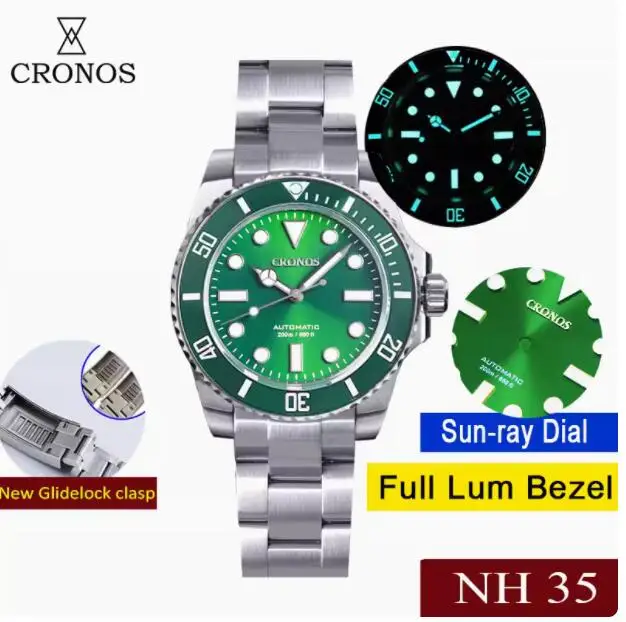 CRONOS Men Automatic Watch 40mm Military Mechanical Wristwatch Sapphire 200M Waterproof BGW-9 Luminous NH35 Ceramic Bezel