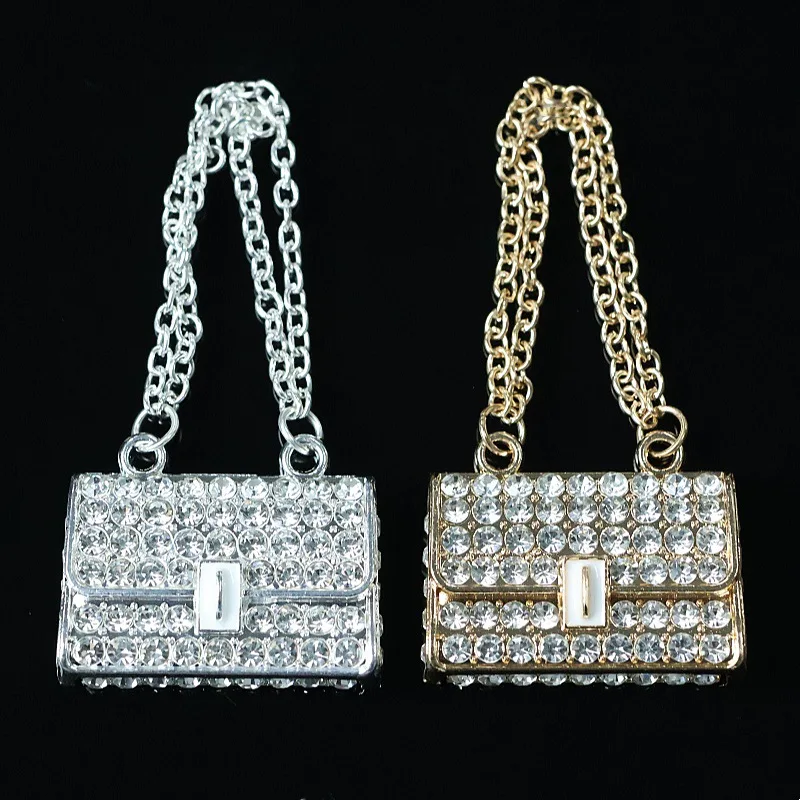 2Pcs Metal Chain Diamond Brand Handbag Prefum Bottle Junk Phone Case DIY Craft Accessory Car Air Outlet Decoration Charm Pendant