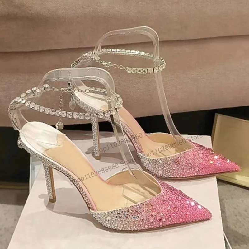 

Gradient Pink Crystal Metal Chain Decor Sandals Thin High Heel Women Shoes Ankle Buckle Strap Pointed Toe Sexy Zapatillas Mujer