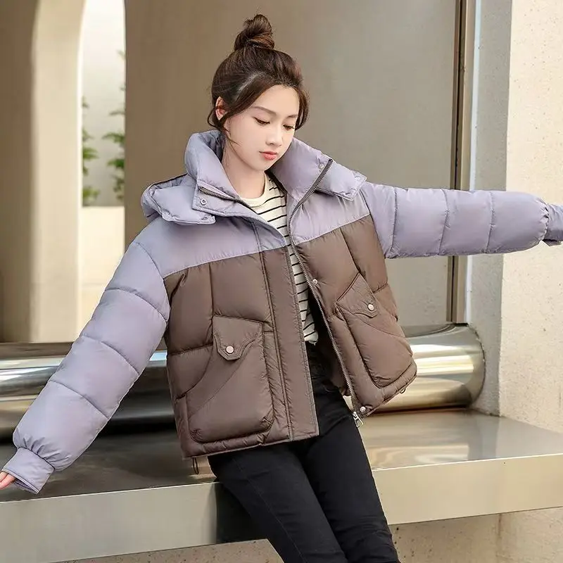 New Thickened Hooded Down In Autumn Winter Of 2024 Cotton-padded Jacket Women's Loose Slim Fashion Contrast Stitching Bread Coat