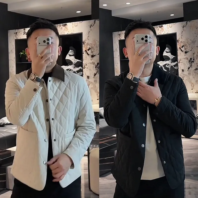 

Мужская легкая хлопковая куртка премиум-класса с воротником Color Blo, узором «ромб» и теплым наполнителем для осени и зимы