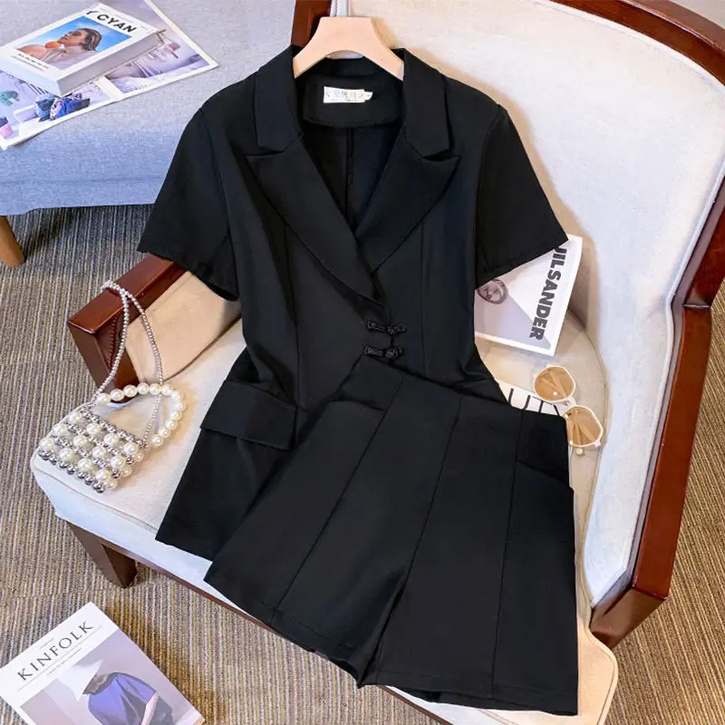 Summer Office Two-piece Set For Women Suit Collar Jacket Tops And Shorts Female Large Size Casual Black White Pink Matching Suit