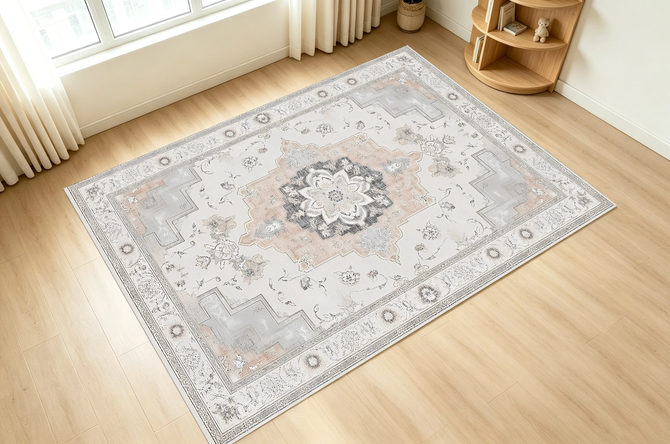 2D Velvet Rug in Light Beige-Grey, European Retro Style, Soft to the Touch, for Living Rooms & Bedrooms, Retro Central