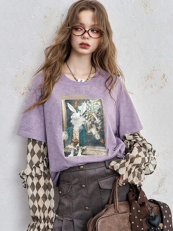 

Purple Chiffon Splice Print Long Sve T-irt Women's Early Autumn New Design Fake Two-Piece round Ne Top Casual Sle