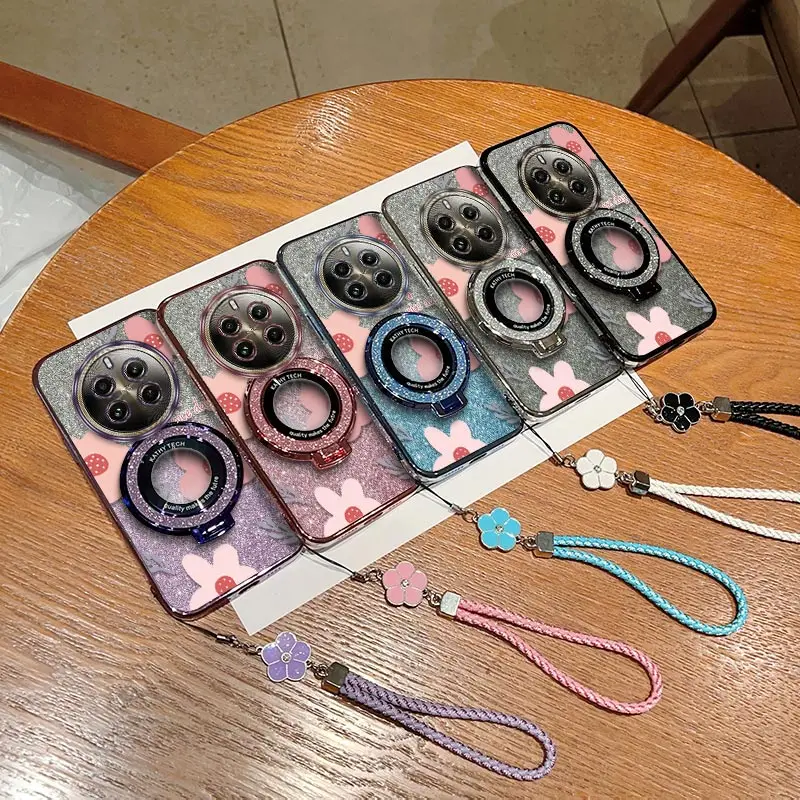 12Pro Pink flowers Plating Bracelet Holder Phone Case For Realme 13Pro 11 8Pro 12 9 10 12Pro 7 V25 11Pro V13 8 9Pro V11 Cover