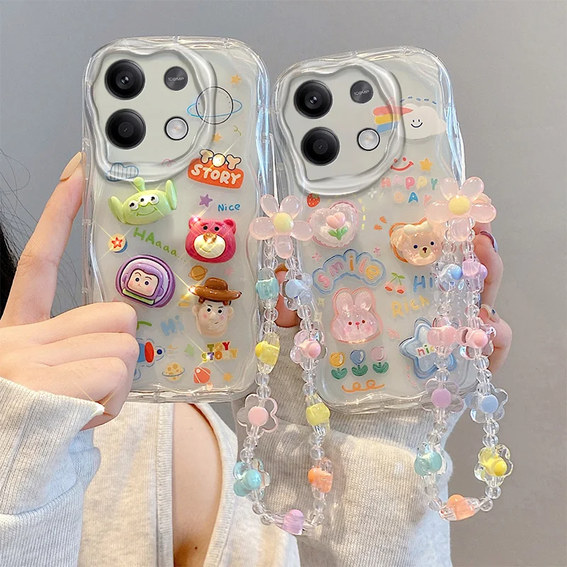 3D Cartoon Kuromi Phone Case For Xiaomi Poco M6 Pro M5S X5 C65 C55 C51 C50 C31 C3 Cinnamoroll With Wrist Chain Cute Bear Cover