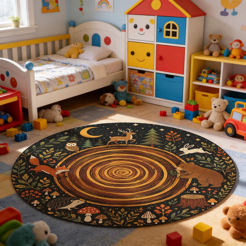 Forest Woodland Animals Round Area Rug Nursery Decor Cute Fox Deer Bear Rabbit Autumn Farmhouse Style Mat - view 5