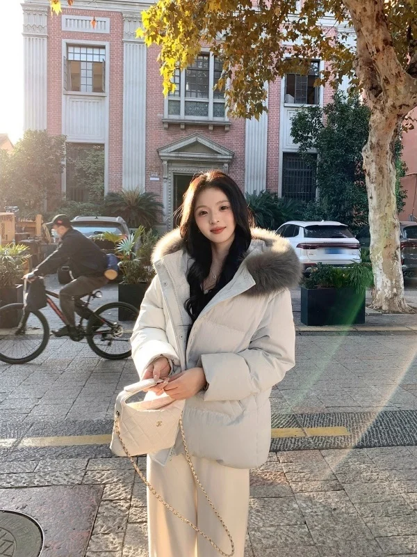 

Warm Thiened Hooded Coat Pure Color Cotton Women's Winter Outerwear Furry Collar Slim Fit Bread Sle Faionable Outerwear