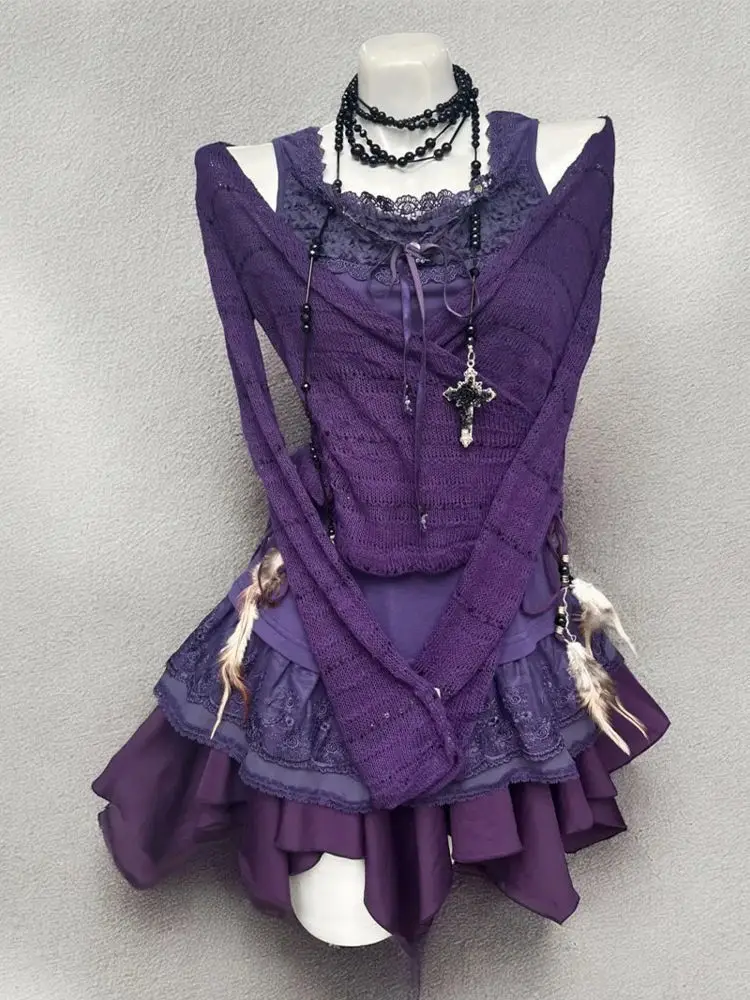 

Summer Vintage Purple 3 Piece Set Women Japanese Casual Retro Knit Tops + Slim Camisole + Mini Skirt Sweet Kawaii Skirt Outfit