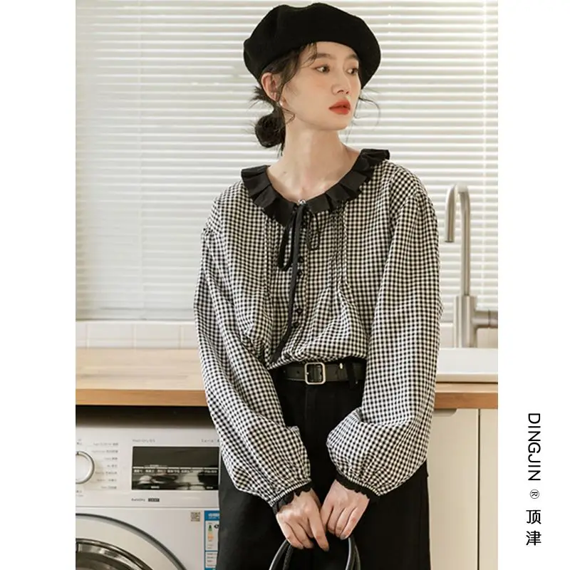 Plaid Patchwork Lacing Shirt Tops Long Sleeve Button All-match Youth Vintage Blouse Spring Autumn Sweet Fashion Women Clothing