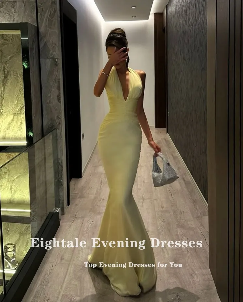 Robe de soirée arabe de quatre-quarts, col licou, personnalisée, en mousseline de soie, plis jaunes, sirène, robe de bal de mariage