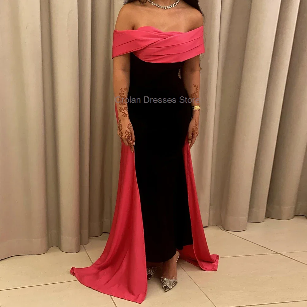 

Elegant Black Off the Shoulder Evening Dress Satin Pleats Floor Length Prom Dress Saudi Arabia Bespoke Occasion Gowns