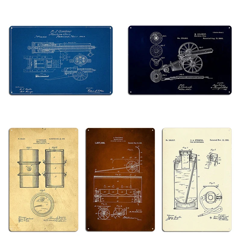 Antique & Vintage Patent Art: 1860 Machine Gun 1862 Gatling Gun Patent Drawing Metal Retro Printing Bar Cave Pub Tin Sign Poster