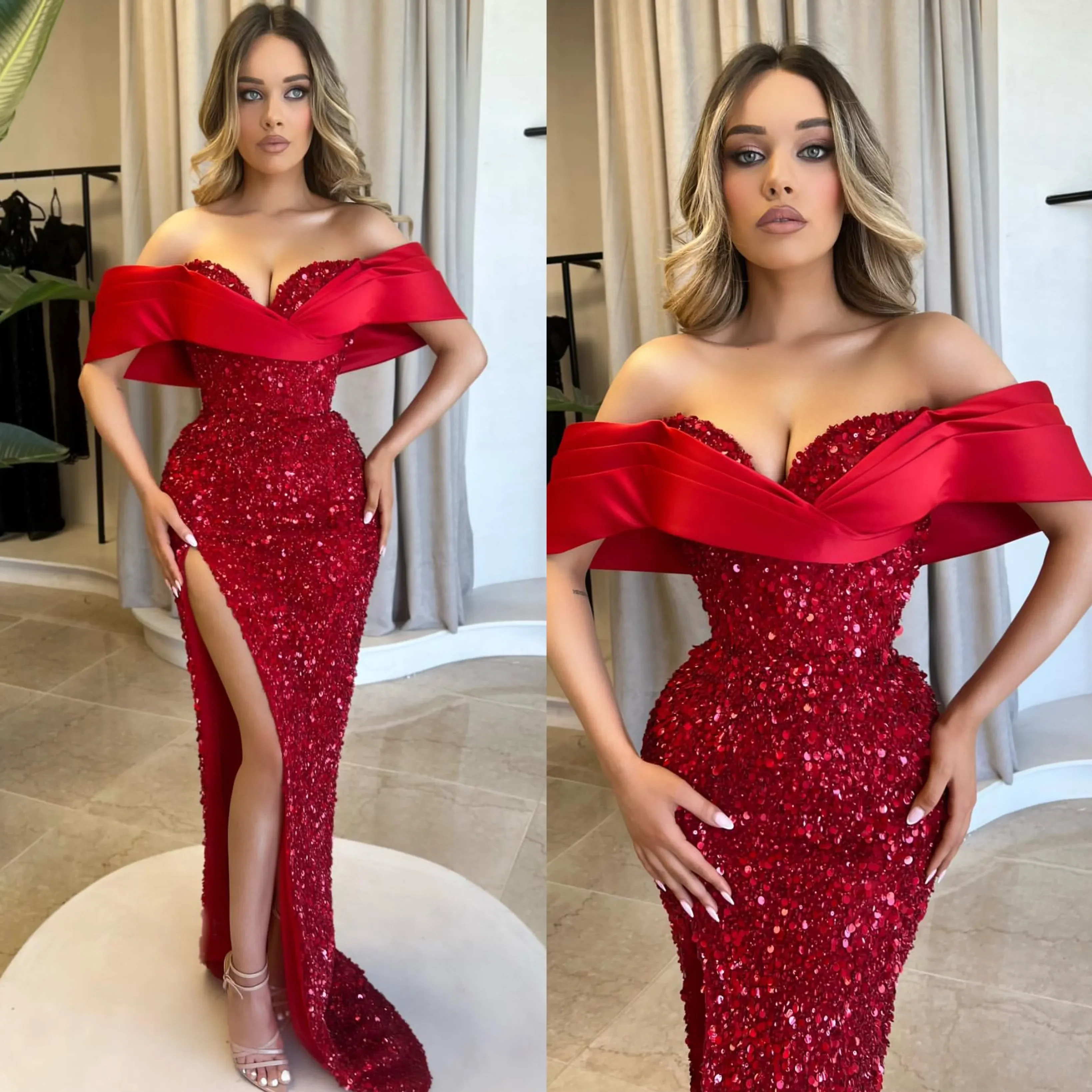 

Glitter sexy mermaid ball dress under shoulders sequined pleated thighs separate special occasion formal party evening dress