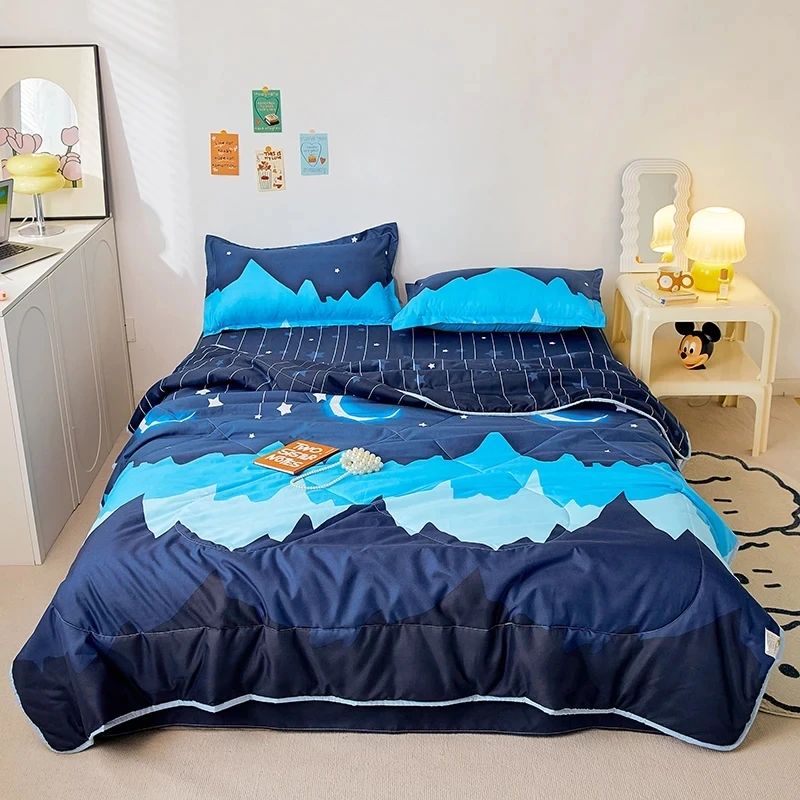 3pcs/set Summer Quilt Set Blue Star Moon Air Conditioning Comforter+Pillowcases Double Home Bed Blanket For Adult Kids 180*220cm