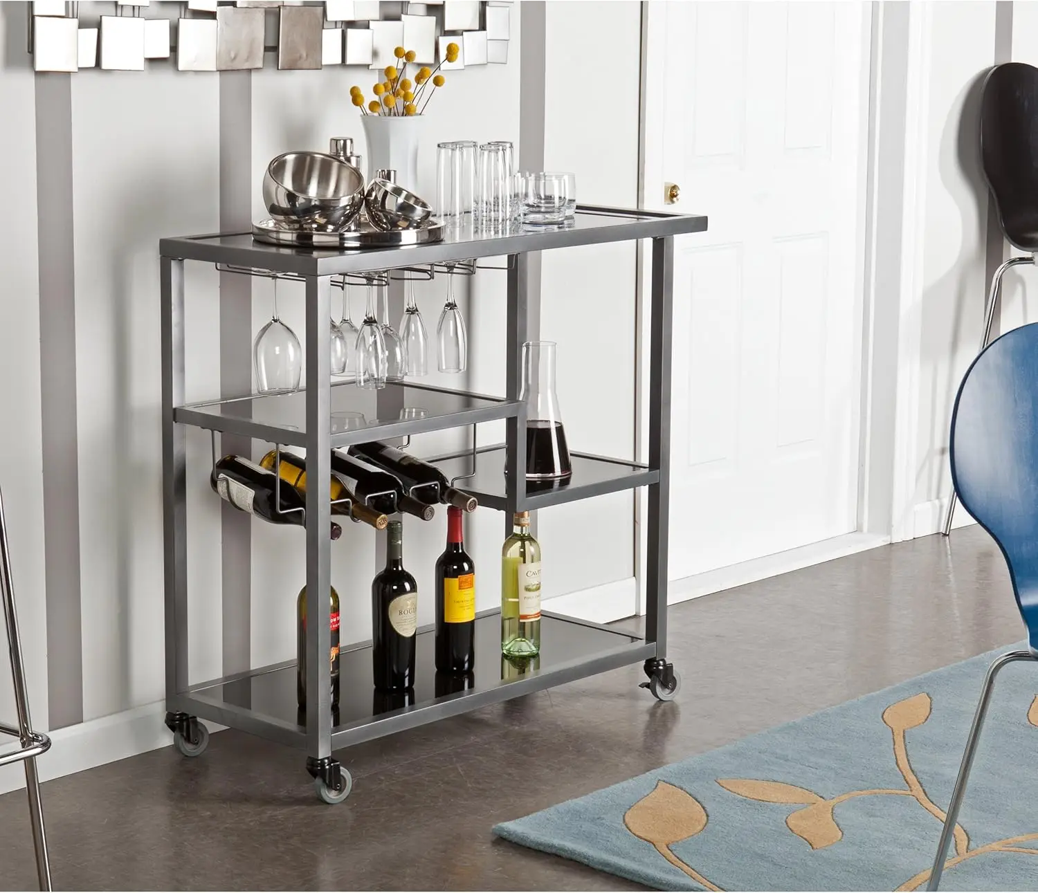 Metal and Tempered Glass Locking Castor Wheels Bar Cart Gunmetal Black Offers Fast Access To Snacks and Drinks