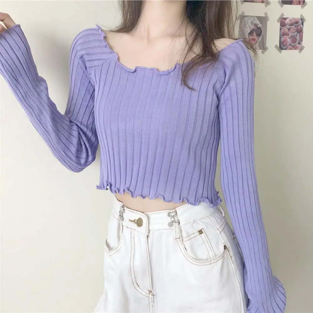 Women Fall Spring Short Top Knitted Long Sleeve Shirring Edge Slim Fit Elastic Pullover Bottoming Cropped Blouse Lady Sweater