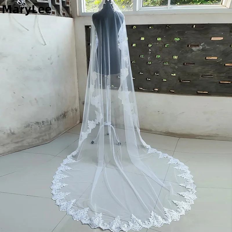 White Lace Trim Wedding Veil Soft Tulle Mantilla Veil Long Chapel Bridal Veil Wedding Accessories Velo de Novia Customized