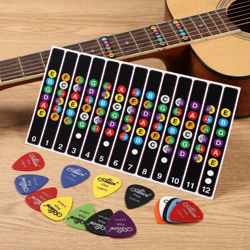 1PC Guitar Fretboard Sticker with Scale Note Chart, 6 Random Color/Thickness Picks 0.58-1.5mm Mixed Plectrums in Bag, Music TMZ