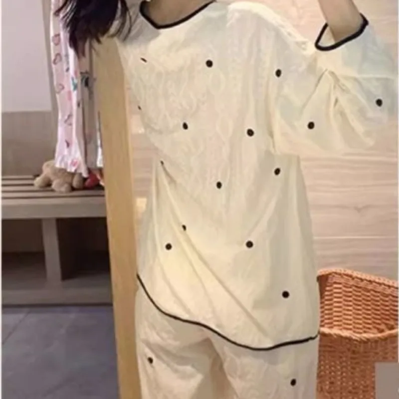 2024 New Women Spring and Autumn Sleepwear Loose Long Sleeve Pants Nightgown Small Fragrance Sweet Pyjamas Lapel Print Sleepwear