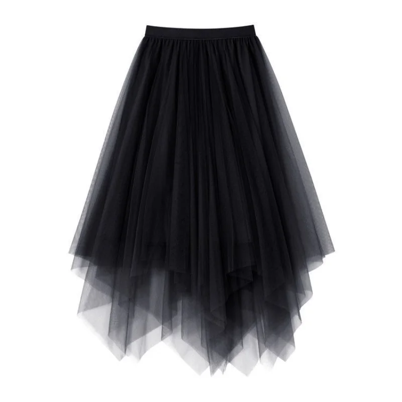 New Irregular Solid Color Gauze Pleated Skirt Women High Classic Korean Casual Fairy Summer All-match Lady A-word Skirt 2023