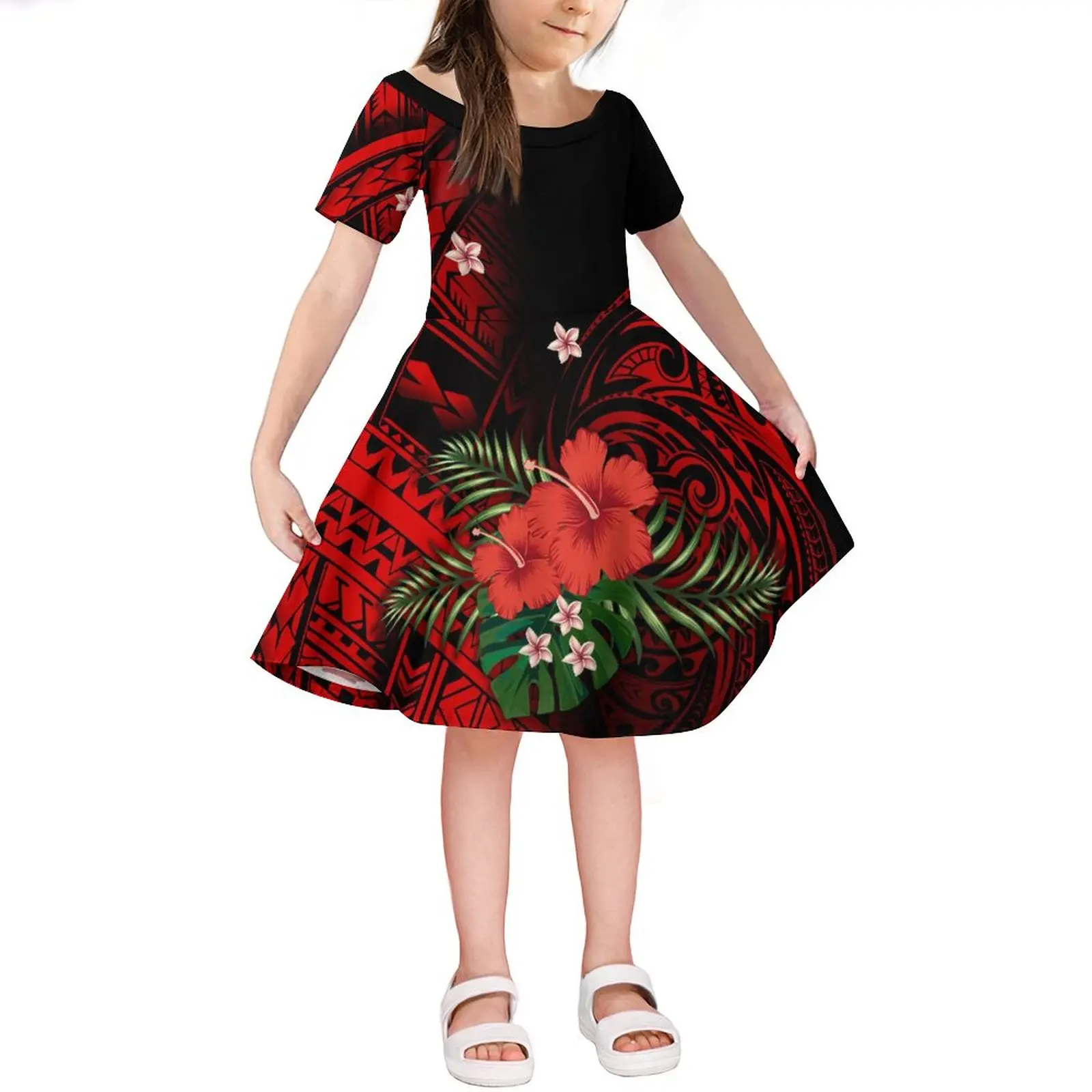 Samoa Island Girls Dress, Saia infantil de Hibiscus Flower Design, Vestido de festa casual, Atacado, Personalizado, Meninas, 2024