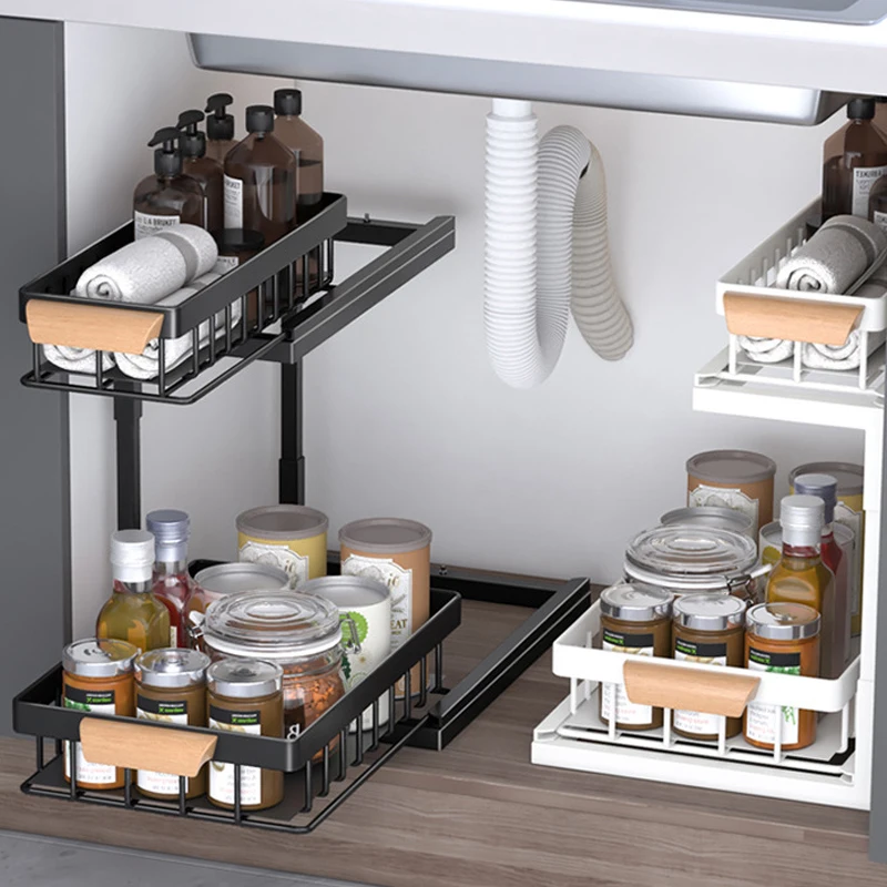 2Tier Under Sink Organizer Pull Out Kitchen Drawer Organizer Multi-Use Sliding Cabinet Organizer Storage Rack Kitchen Organizer