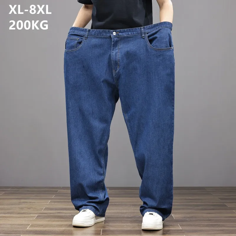 الصيف الجينز الرجال 200 كجم 8XL 7XL 6XL مستقيم رقيقة امتدت المتضخم كبير حجم كبير الدينيم السراويل الذكور مرونة الكلاسيكية السراويل