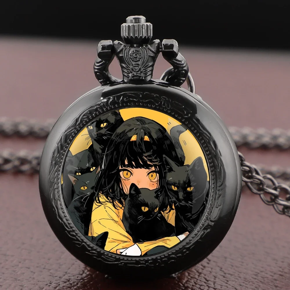 노란 눈동자 고양이 보호 소녀 유리 돔 빈티지 포켓 시계 남녀 펜던트 목걸이 체인 참 시계 시간 보석 선물