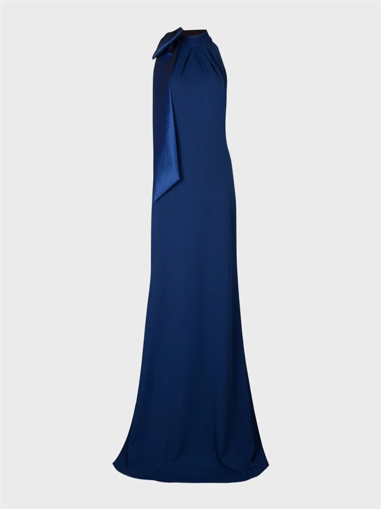 

Hot Selling Halter Mock Neckline Sleeveless Crepe A-Line Evening Dress Sexy Back Zipper Floor Length Sweep Train Gown For Women