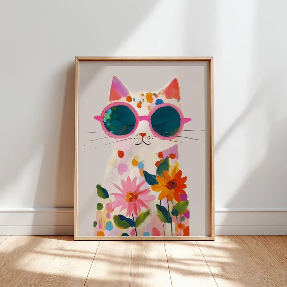 (No frame)“Colorful Boho Cat Wall Art: Playful Polka Dot Kitten in Pink Sunglasses with Floral Accents – Vibrant Abstract Wat