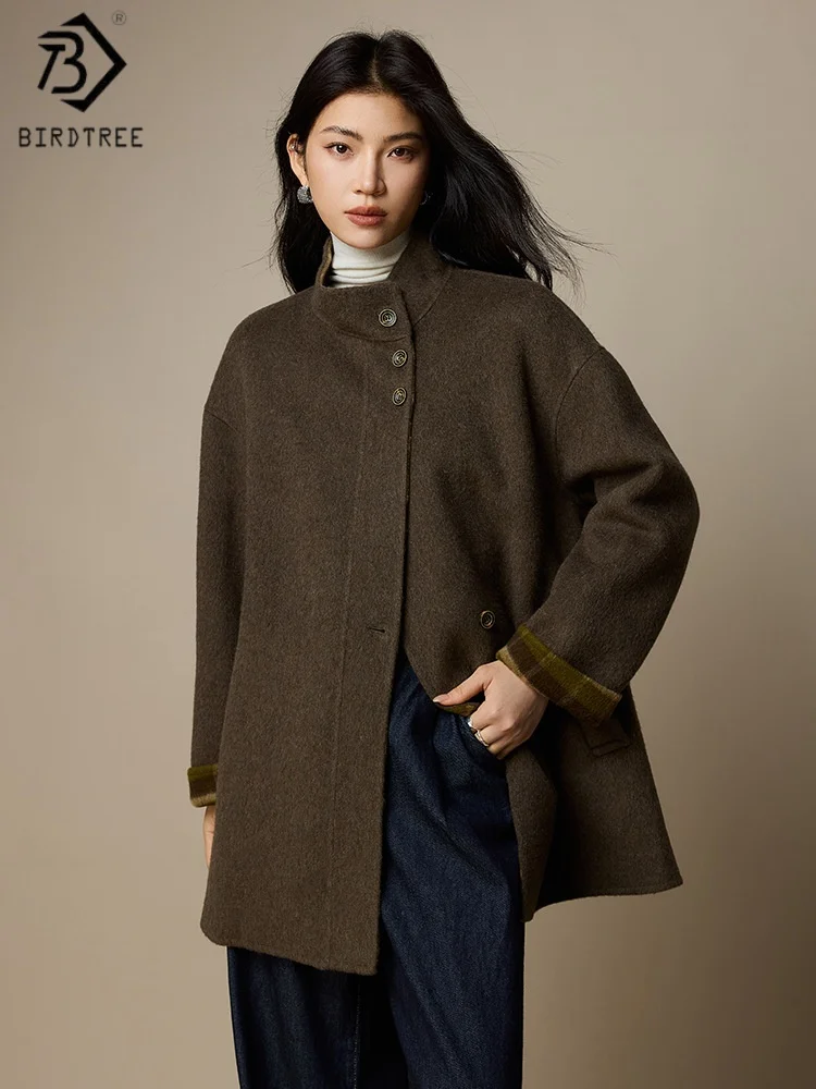 

Birdtree,Wool Blended Short Coat,Woman Stand Collar Casual Loose Tops,Double-side Woolen,2025 Autumn Winter Overcoat T5N410JF