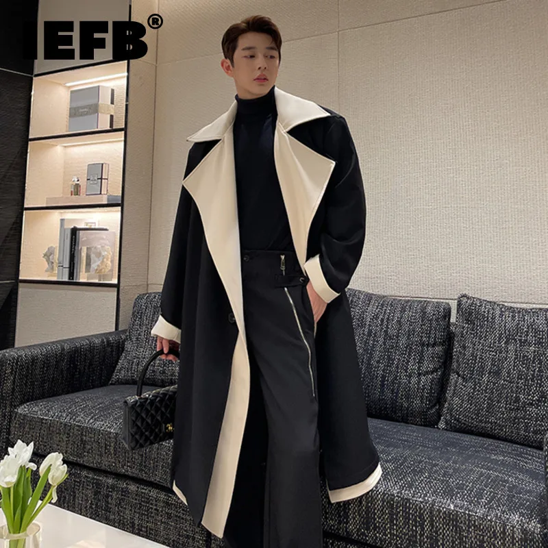 IEFB Winter New Fashion Trench Personality Contrast Color Large Collar Fake Two Long Coats With Cotton Temperament Men Tops