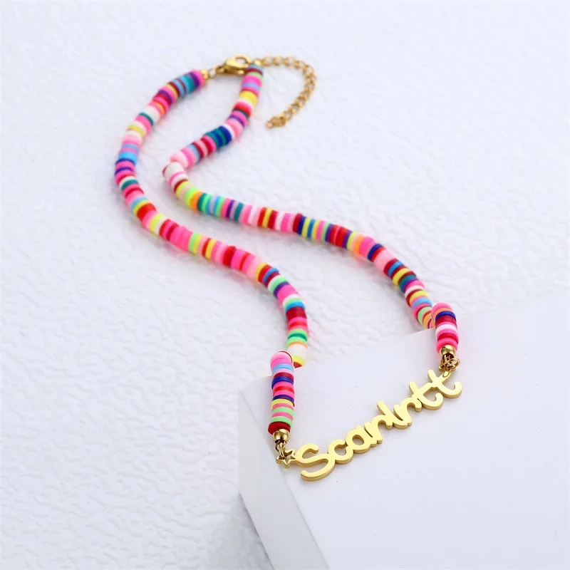

Custom Stainless Steel Name Necklace for Women Girl Personalized Rainbow Clay Tablet Necklace Choker Pendant Jewelry Gifts