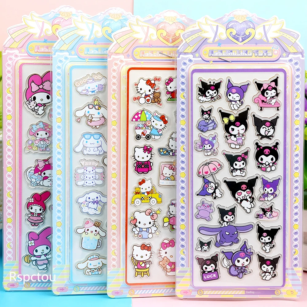 4pcs Kawaii Sanrio Acryl 3D Relief Stickers Esthetische Anime Decals Speelgoed Waterdicht Cinnamoroll My Melody Kuromi Sticker