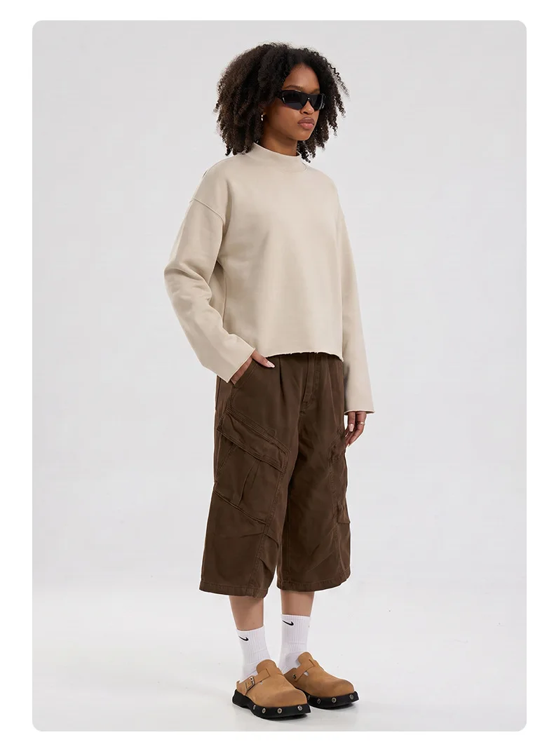 Personalized LOGO custom 350G cotton men's BOXY short and wide half-high neck long-sleeved hem burr sweater