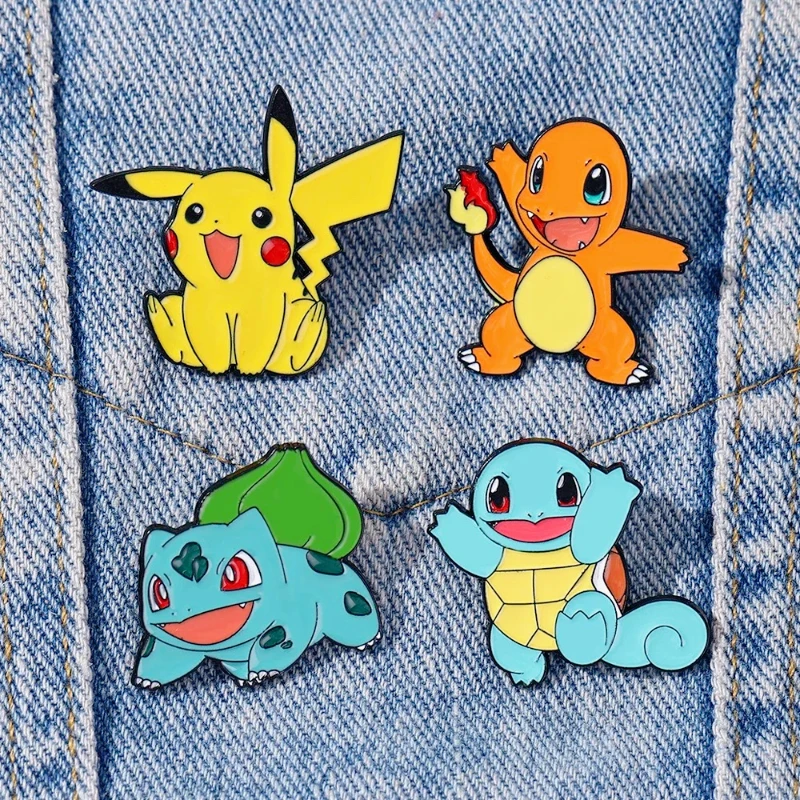 Hot 4Pcs Anime Pikachu Characters Enamel Brooch Badges Charmander Squirtle Bulbasaur Figure Lapel Pins Gifts For Fans Collectors