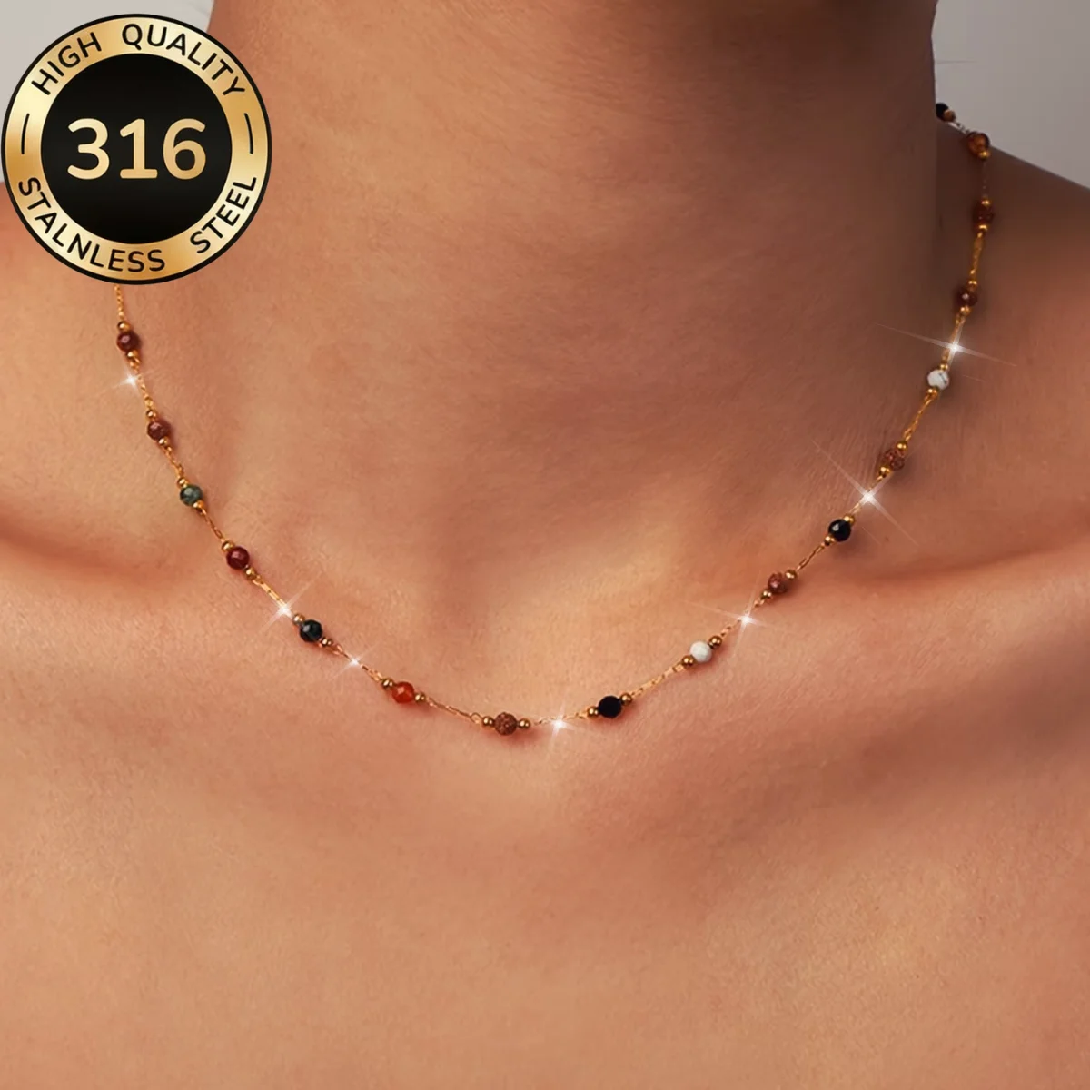 316L Stainless Steel Natural Colored Beads Simply Necklace For Women New Fashion Exquisite Neck Chain Minimalist Jewelry Gift