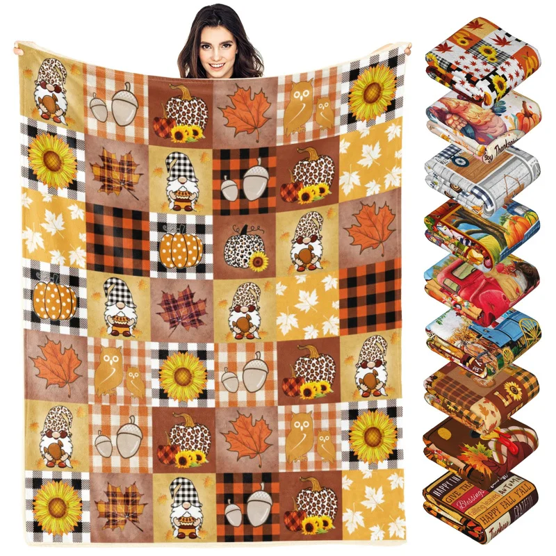 

Fall Maple Leaf Throw Blanket Thanksgiving Family Pumpkin Turkey Decorative Blankets Flannel Throws for Bed Couch