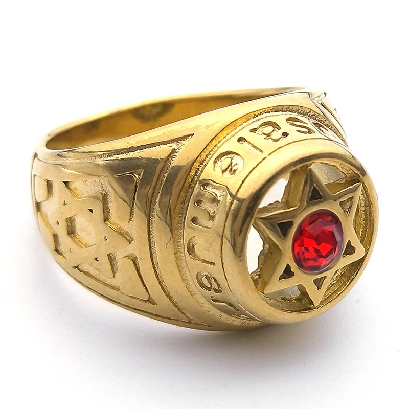 Judaism Hexagram Israel Star of David Red Crystal Ring for Men Stainless Steel Jewish Punk Hip Hop Male Biker Jewelry Gifts R587