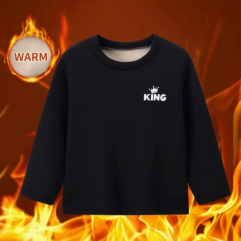 

Autumn and winter children's velvet solid color KING letter long sleeved shirt for boys and girls warm and thick casual hoodie