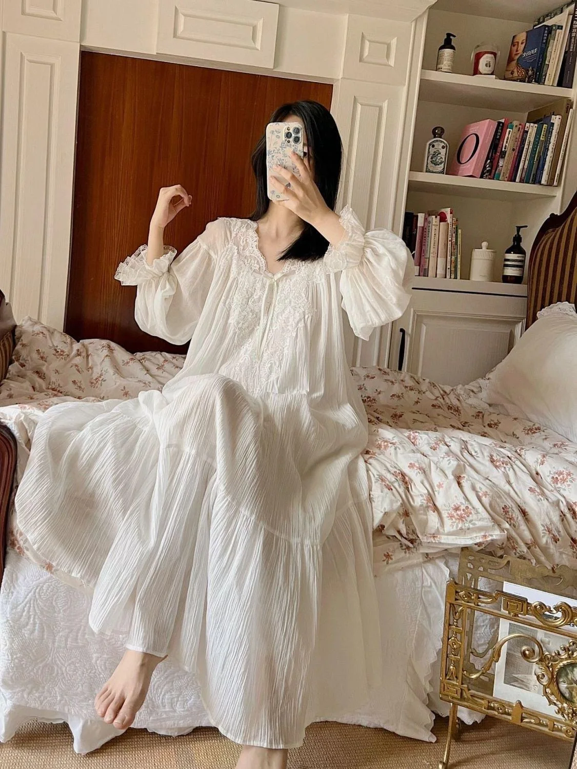 French Style Sweet Princess Long Dress Lace Spliced Nightgown for Women Spring Autumn Female New Fashion Loose Sleeping Dress