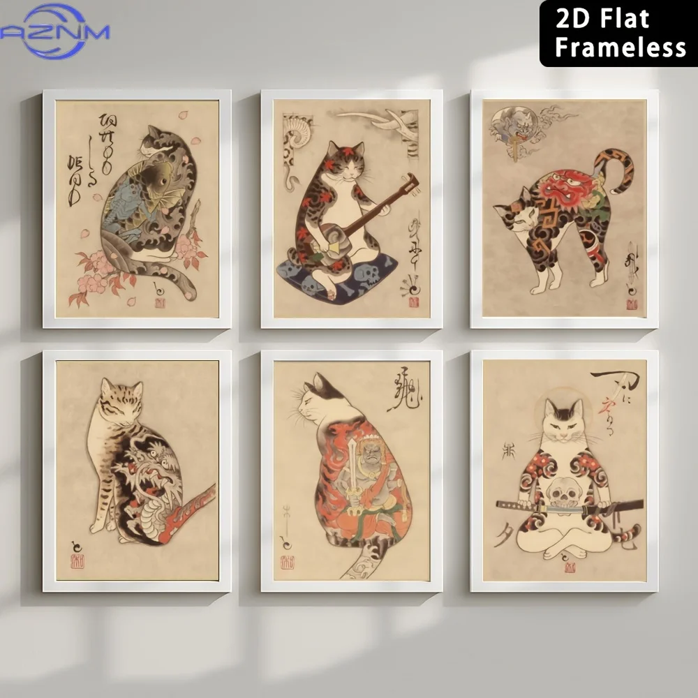 6pcs Frameless Canvas Printed Poster, Home Decoration Wall Art, Japanese Samurai Cat Wall Decoration Poster, Japanese Bushido St view 4